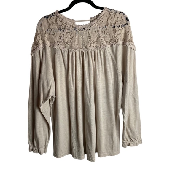 Umgee Size Large Top Long Sleeve Blouse Crochet Lace Netural Tan Boho Cotton - Picture 1 of 7